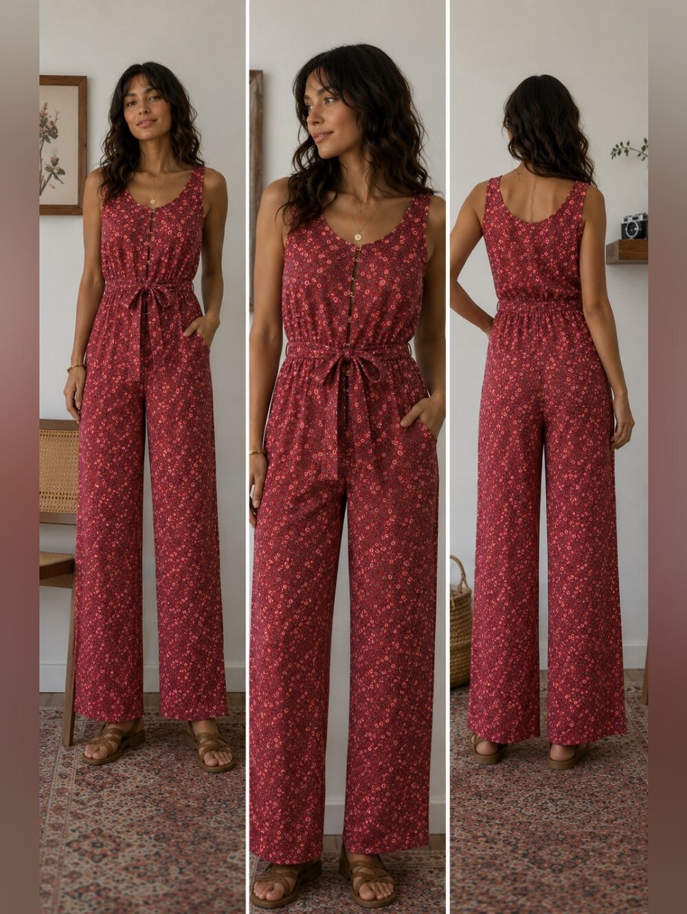 Red Floral Jumpsuit Vintage 90s